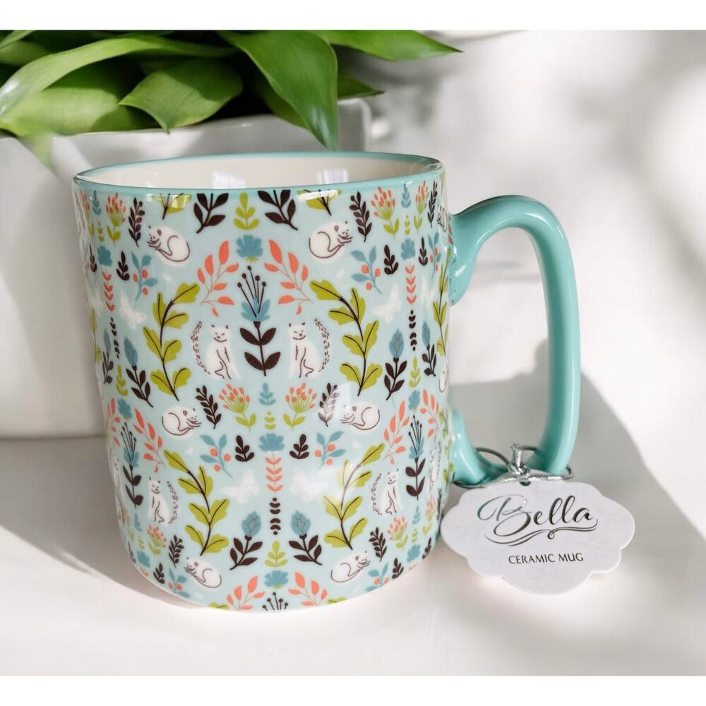 NEW Bella Peaceful White Cats in Nature Fern Blue Green 16oz Coffee Tea Cat Mug